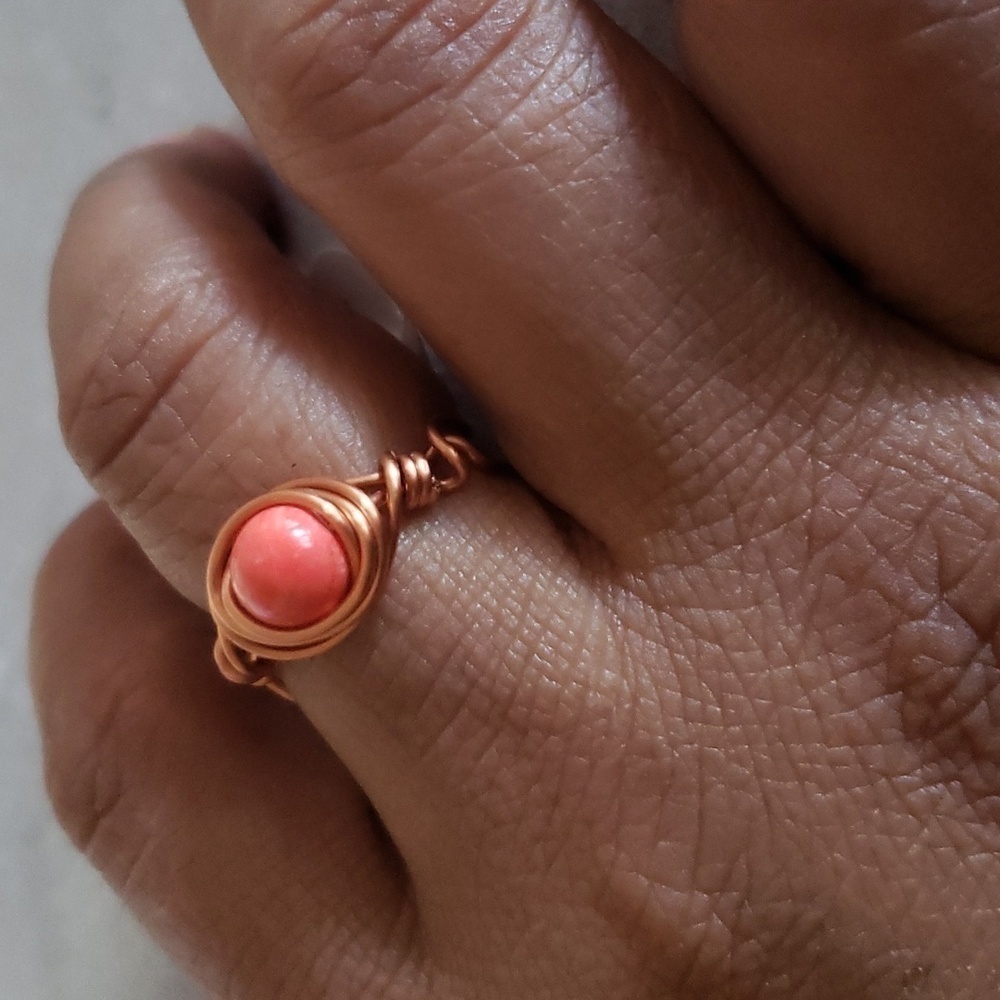 New handmade pink coral and copper wire wrapped ring
